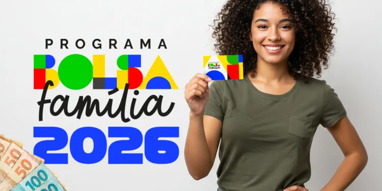 Mulher segurando cartão do Bolsa Família 2026 com notas de dinheiro ao fundo, representando calendário de pagamento por NIS em março.