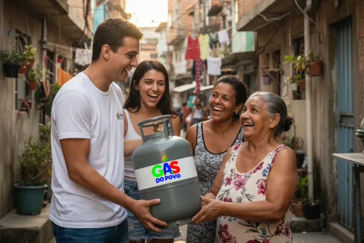 Jovem entrega botijão de gás para senhora sorridente em rua de comunidade
