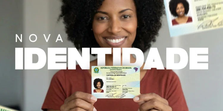 Mulher negra sorrindo segurando a nova Carteira de Identidade Nacional (CIN) com as duas mãos, com outros documentos de identidade ao fundo, ilustrando a transição do antigo RG para o novo modelo unificado com CPF