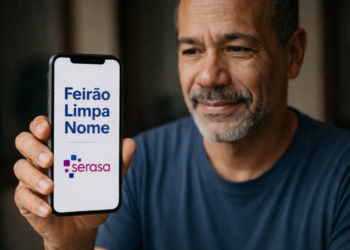 Homem sorrindo segurando celular com tela exibindo Feirão Limpa Nome Serasa