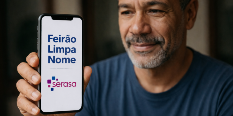 Homem sorrindo segurando celular com tela exibindo Feirão Limpa Nome Serasa