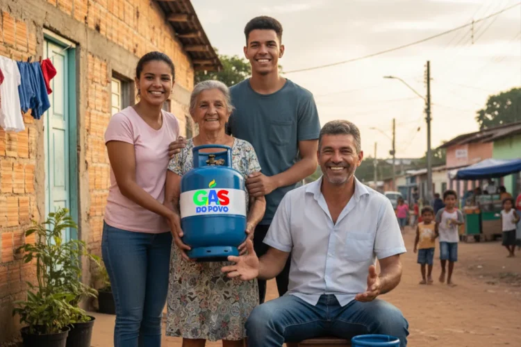 Quatro pessoas seguram botijão de gás azul na porta de casa simples, sorrindo