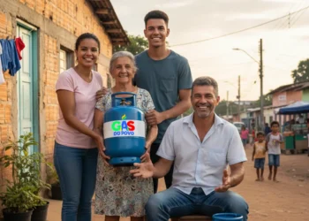 Família sorridente entrega botijão do Gás do Povo a idosa em vila simples