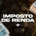 Leão ao fundo com notas de real em destaque e texto Imposto de Renda no centro