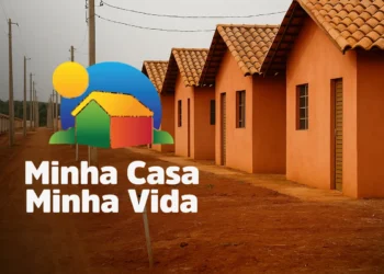 Conjunto de casas populares recém-construídas com logotipo do Minha Casa, Minha Vida na frente