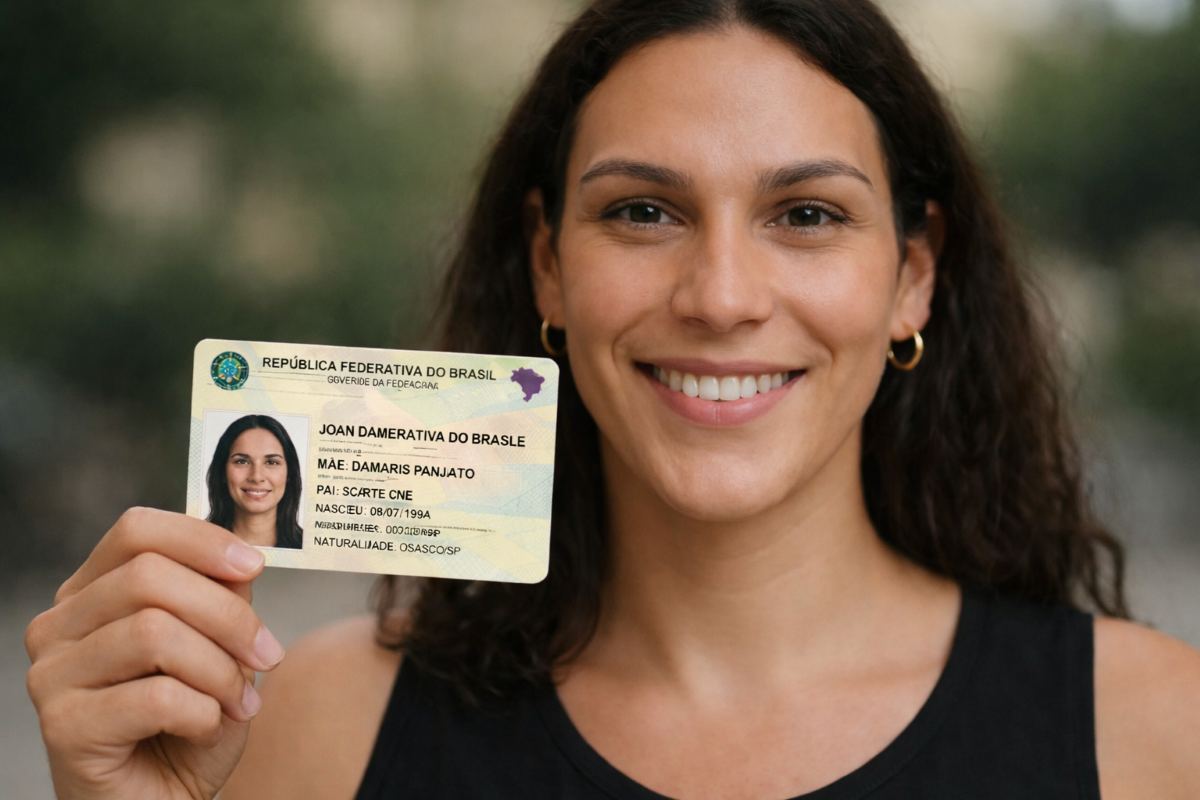 Mulher sorrindo segurando Carteira de Identidade Nacional da República Federativa do Brasil em ambiente externo