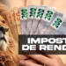Leão ao lado de mãos segurando notas de R$ 50 e R$ 200 com texto Imposto de Renda