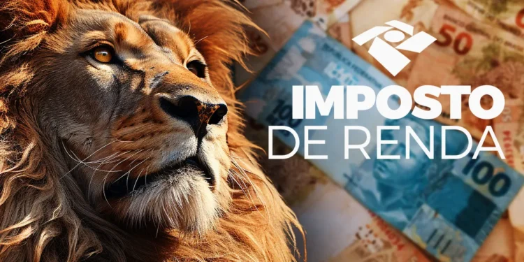Leão símbolo do Imposto de Renda ao lado de cédulas de reais e logo da Receita Federal com texto Imposto de Renda representando a restituição do IRPF 2026 com pagamentos em quatro lotes entre maio e agosto de 2026