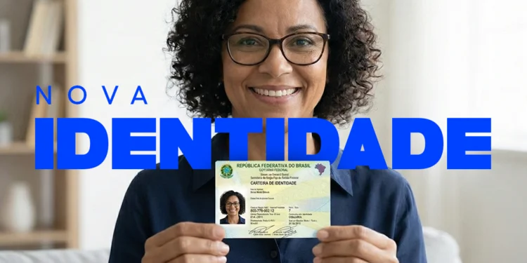 Mulher sorrindo segura nova carteira de identidade digital na sala de estar iluminada