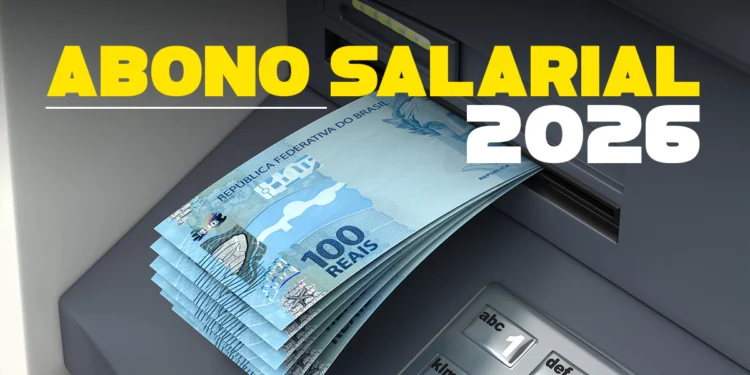 Notas de R$ 100 saindo de caixa eletrônico com texto "Abono Salarial 2026" em amarelo e branco