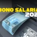 Notas de R$ 100 saindo de caixa eletrônico com texto "Abono Salarial 2026" em amarelo e branco