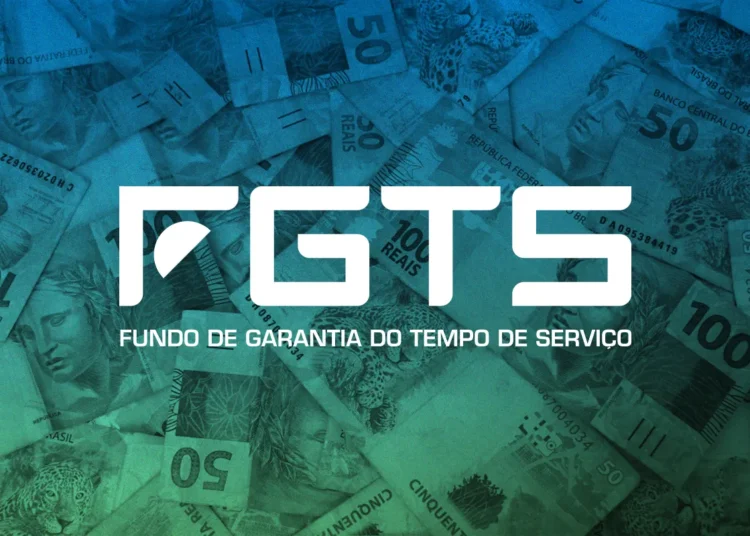 Fundo azul com cédulas brasileiras e nome sigla "FGTS" em destaque.