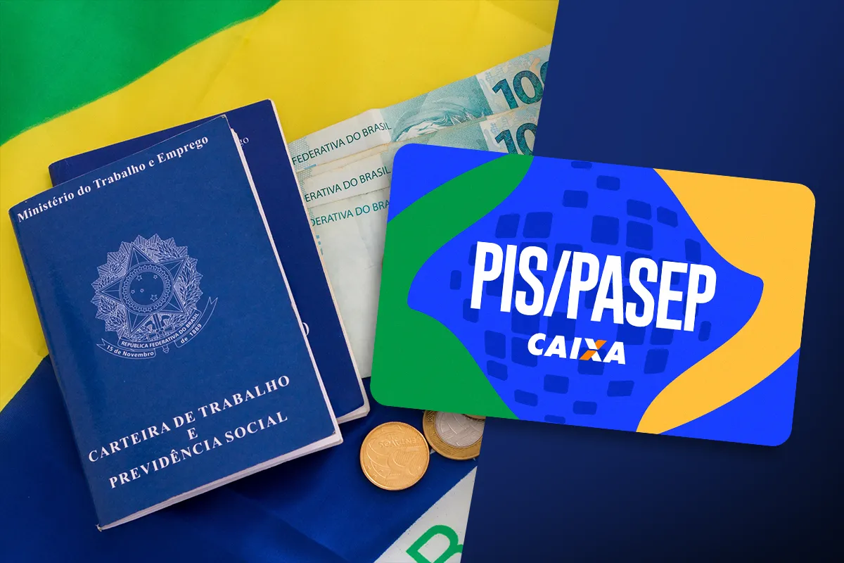 Sobre a bandeira do Brasil, uma Carteira de Trabalho azul (CTPS), cédulas de 100 reais, moedas e um cartão magnético azul, verde e amarelo com a inscrição "PIS/PASEP CAIXA" em destaque.