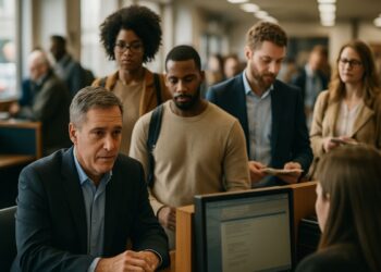 Grupo de pessoas aguardando atendimento em fila de agência com funcionária ao balcão e computador