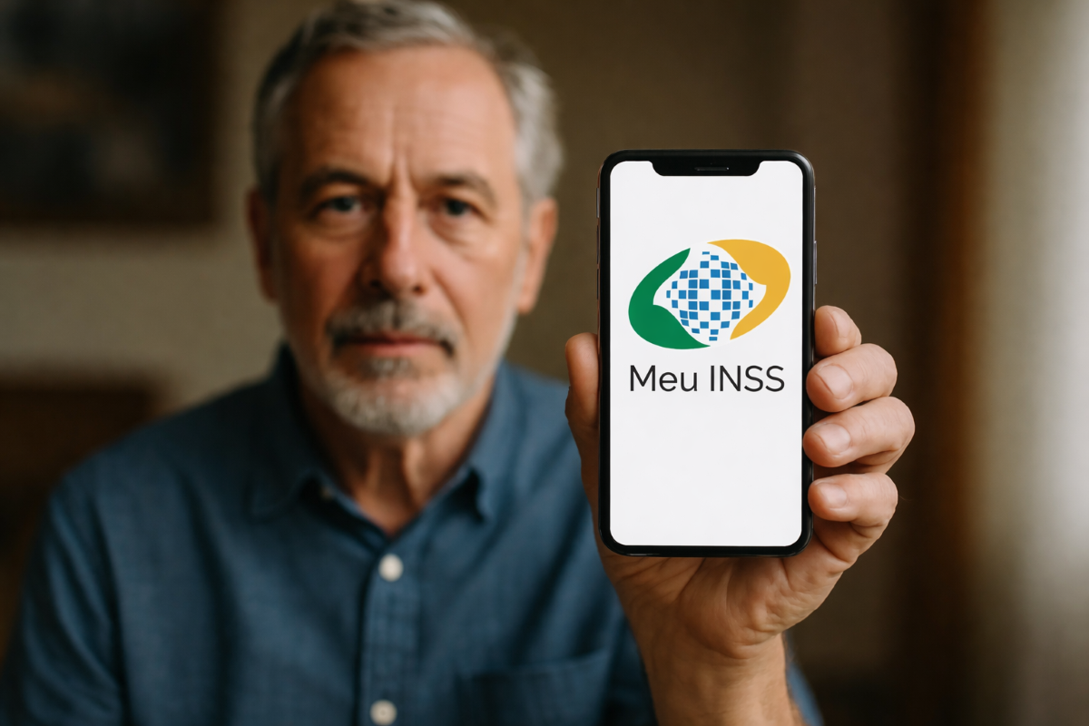 Homem idoso de cabelos grisalhos segurando celular com o aplicativo Meu INSS na tela