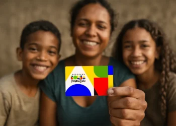 Mãe e filhos sorrindo, segurando o cartão do Programa Bolsa Família, com fundo neutro.