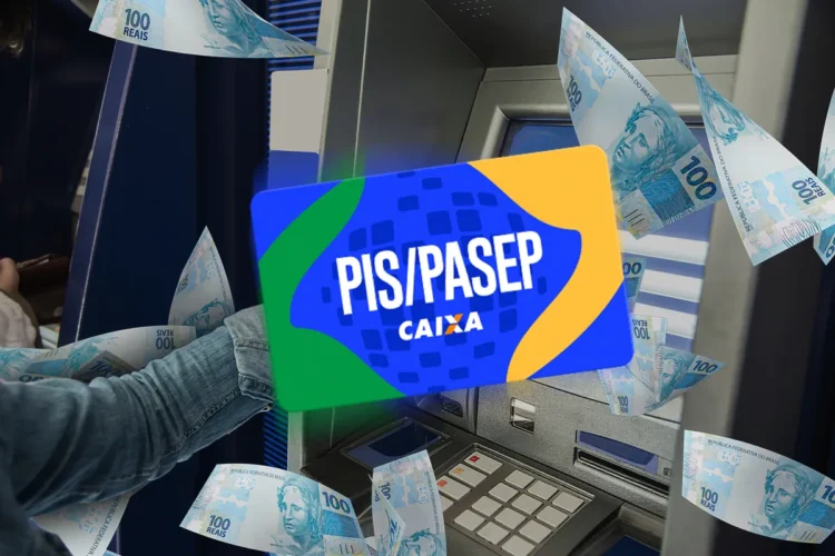 Cartão azul PIS/PASEP Caixa em frente a terminal bancário com várias notas de R$ 100 espalhadas.