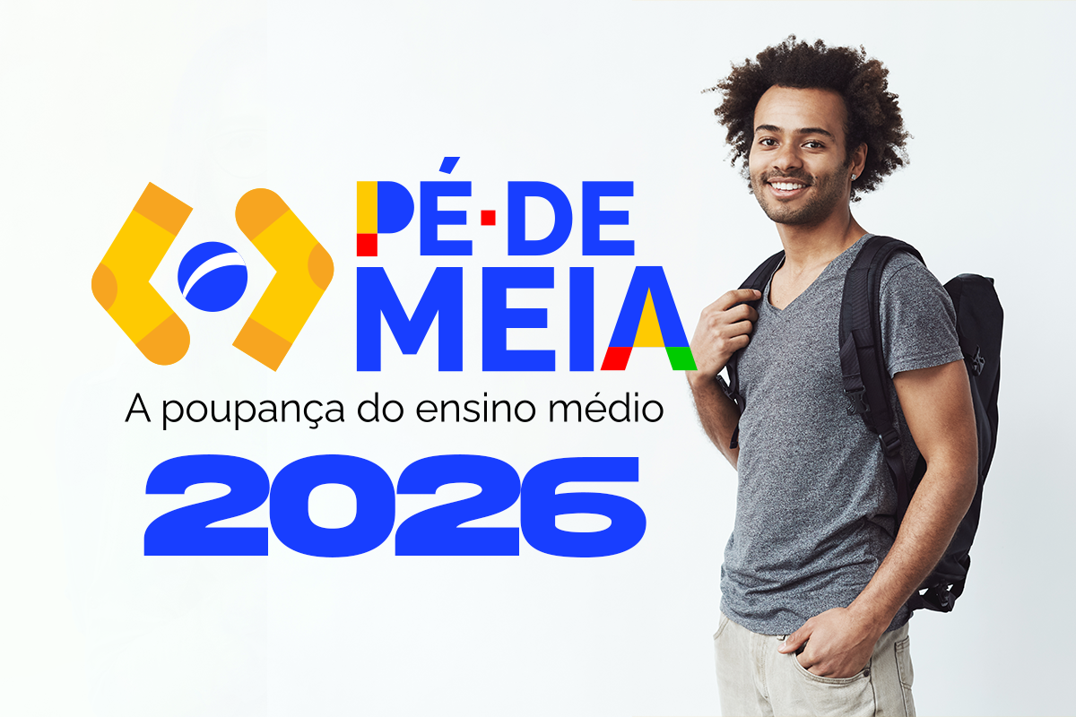 Estudante de ensino médio sorridente com mochila ao lado do logotipo oficial do Pé-de-Meia 2026, simbolizando o calendário de pagamentos do programa.