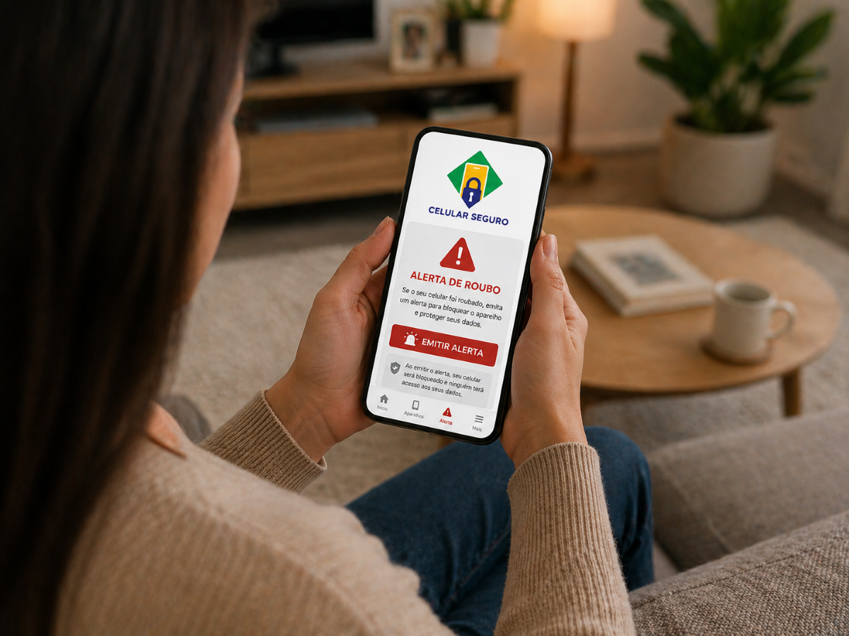Pessoa usando celular com aplicativo Celular Seguro exibindo alerta de roubo