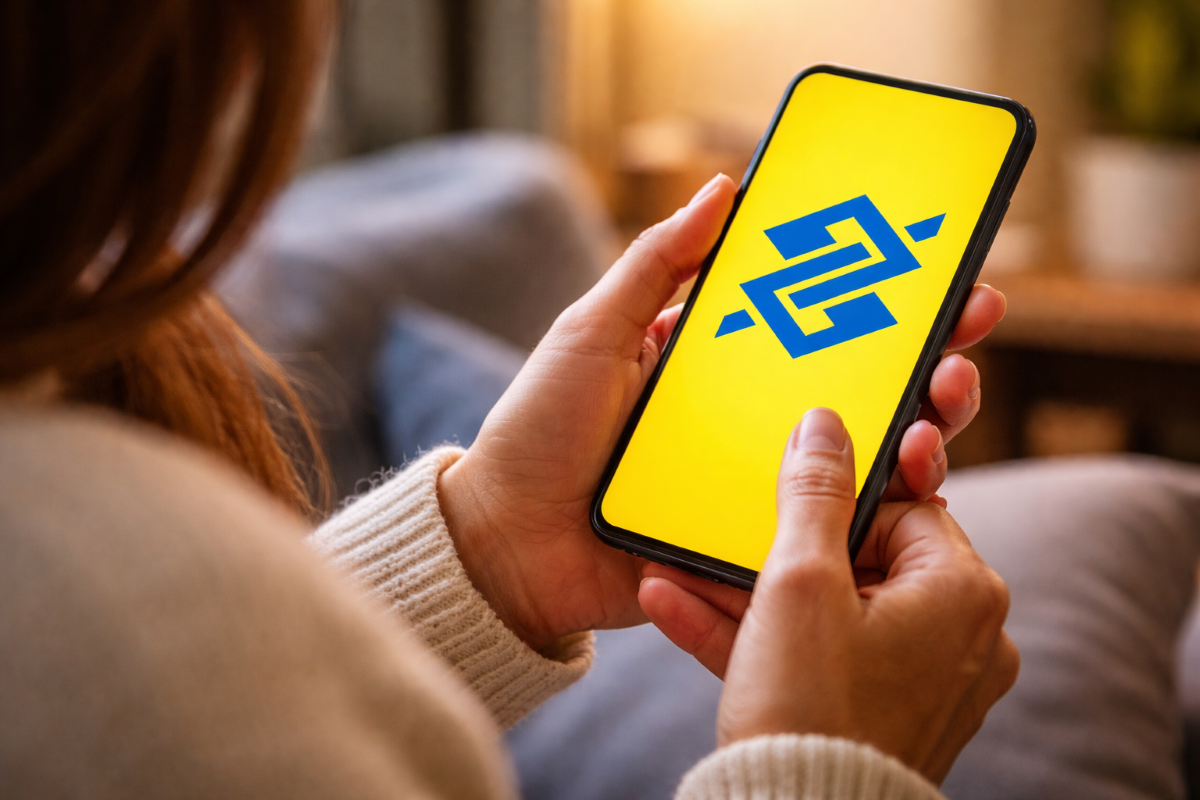 Pessoa segurando celular com aplicativo do Banco do Brasil na tela