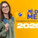 Estudante jovem com óculos e mochila azul sorri ao lado do logo do Pé-de-Meia 2026, a poupança do ensino médio.