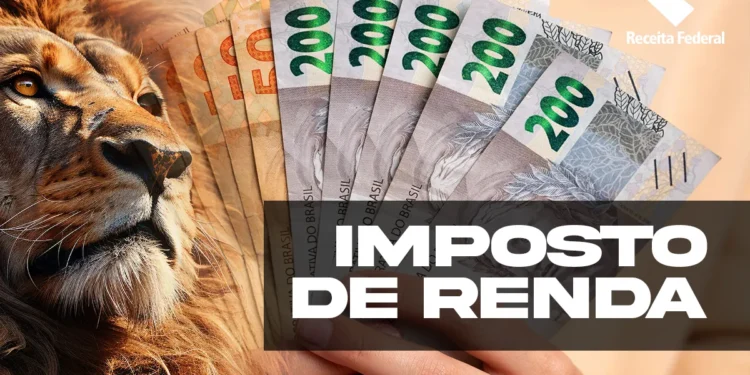 Leão da Receita Federal ao lado de leque de notas de R$ 50 e R$ 200, representando o pagamento do 1º lote da restituição do Imposto de Renda 2026