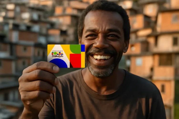 Homem negro sorridente segura cartão colorido do Programa Bolsa Família em área de casas de tijolo.