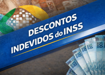 Faixa azul com texto "Descontos Indevidos do INSS", logo da Previdência Social e cédulas de R$ 100