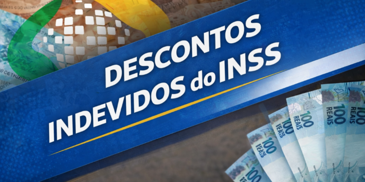 Faixa azul com texto "Descontos Indevidos do INSS", logo da Previdência Social e cédulas de R$ 100