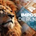 Leão com juba dourada ao lado de notas de R$50 e R$100, logo da Receita Federal e texto "Imposto de Renda".