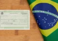 Título eleitoral da República Federativa do Brasil sobre mesa de madeira ao lado de bandeira nacional dobrada.