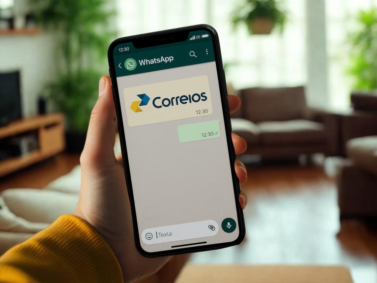 Uma mão segurando um smartphone que exibe uma conversa de WhatsApp com a logomarca dos Correios, ilustrando como os golpistas iniciam o contato falso.