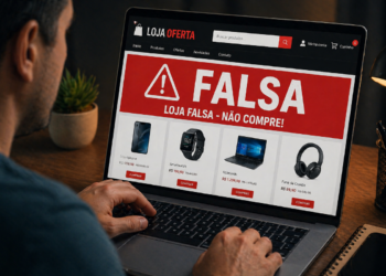 Tela de notebook exibindo aviso de loja falsa durante compras online