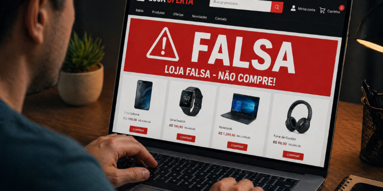 Tela de notebook exibindo aviso de loja falsa durante compras online