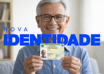 Idoso segurando nova identidade e sorrindo para a câmera