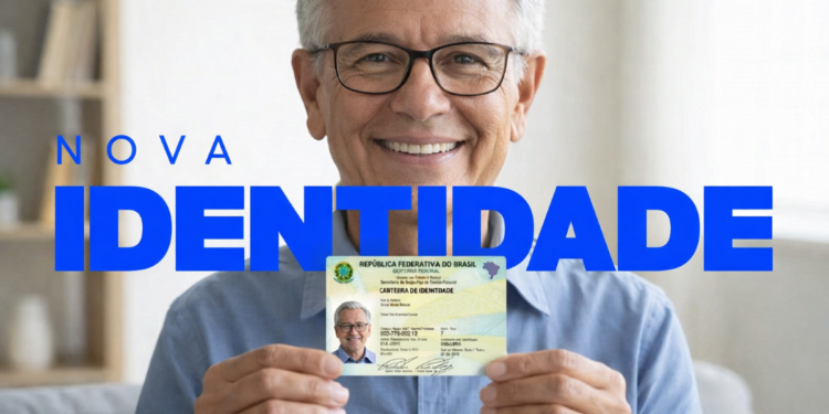 Idoso segurando nova identidade e sorrindo para a câmera