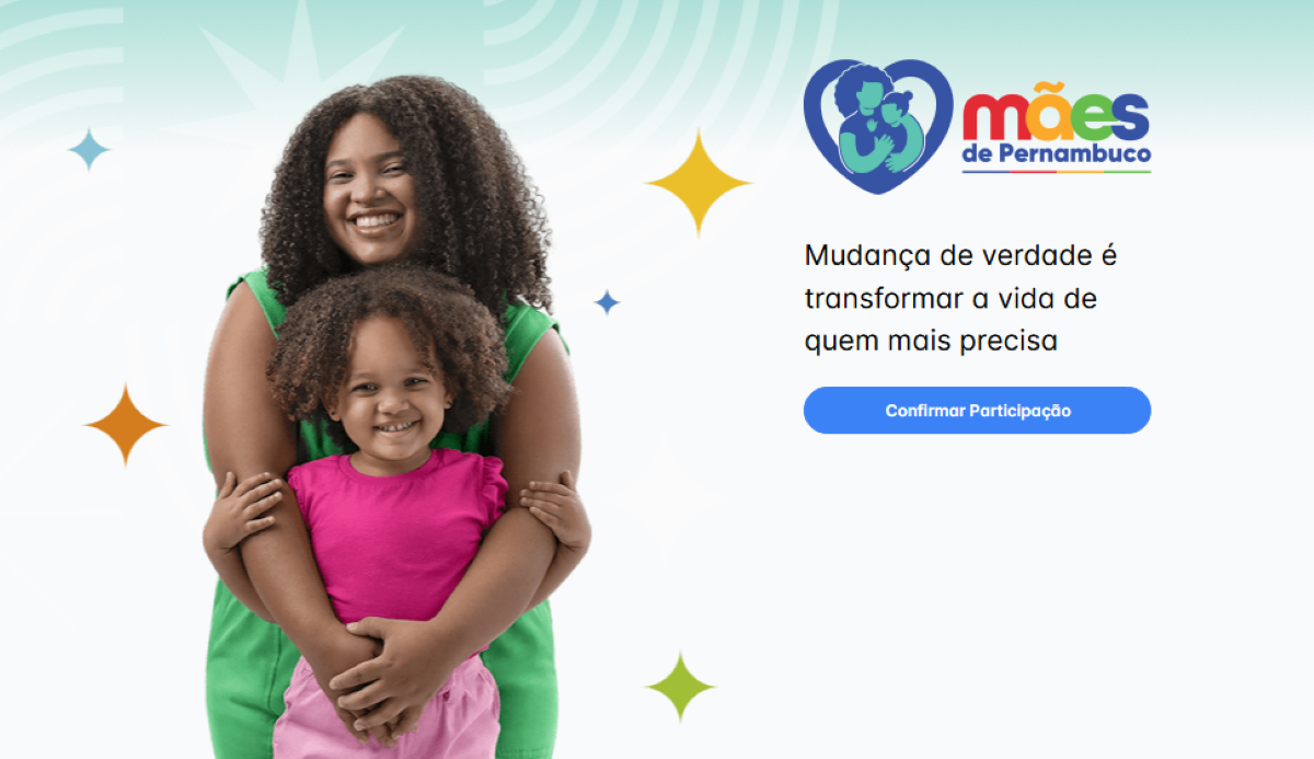 Site oficial do programa Mães de Pernambuco com botão confirmar participação