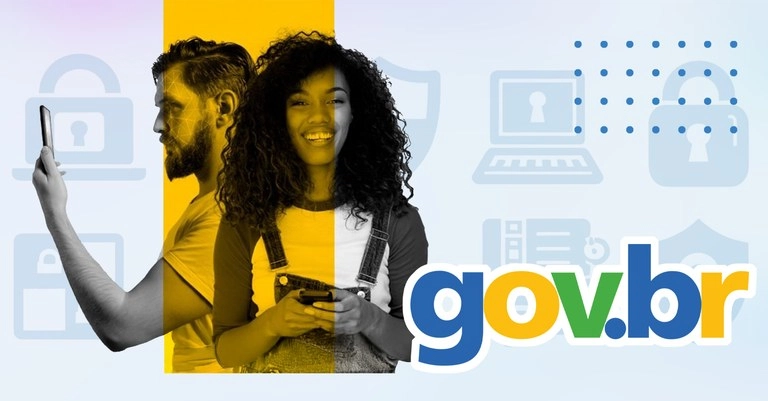 Casal jovem segurando celulares com logo Gov.br e ícones de cadeados representando níveis de conta.