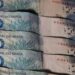 Close em várias notas de 100 reais (cem reais) empilhadas, mostrando o logotipo do Banco Central do Brasil e detalhes da estampa de corais azuis.