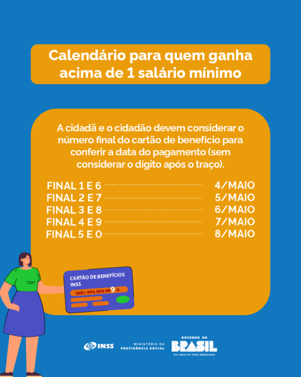 Infográfico oficial com fundo azul e amarelo detalhando o calendário de pagamentos do INSS de maio de 2026 para quem ganha acima de 1 salário mínimo. Lista datas de 4 a 8 de maio por final de benefício.