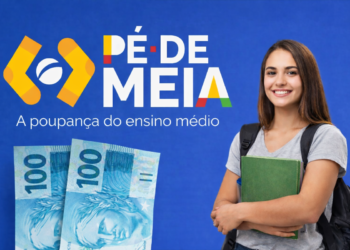 Estudante com livros e mochila ao lado do logo do programa e cédulas de R$ 100