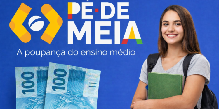 Estudante com livros e mochila ao lado do logo do programa e cédulas de R$ 100