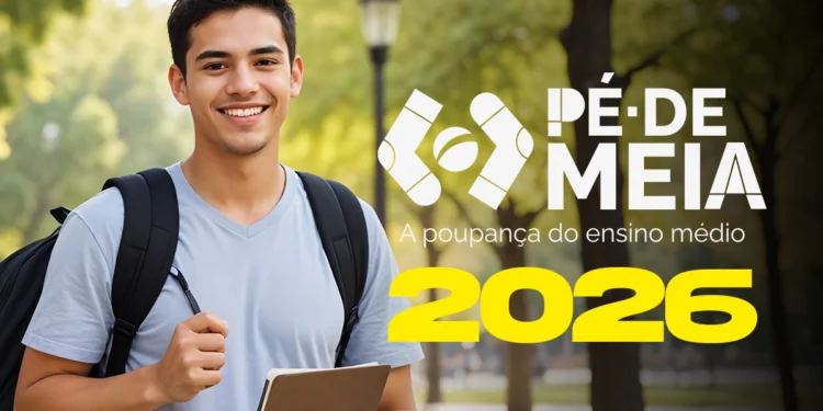 Estudante com mochila e caderno representando beneficiários do programa Pé-de-Meia no Enem 2026