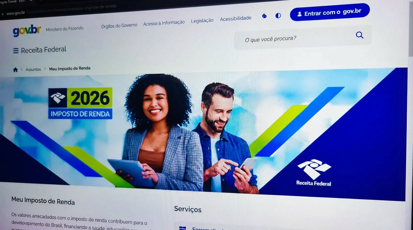 Tela do site gov.br mostrando casal sorridente com tablet e celular na página de Imposto de Renda 2026