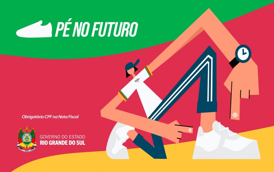 Arte oficial do programa Pé no Futuro, do Governo do Rio Grande do Sul, com ilustração de jovem amarrando o cadarço de tênis branco e logomarca do programa em destaque sobre fundo verde, vermelho e amarelo.