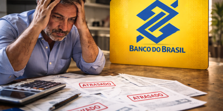 Homem preocupado com contas atrasadas ao lado do logo do Banco do Brasil
