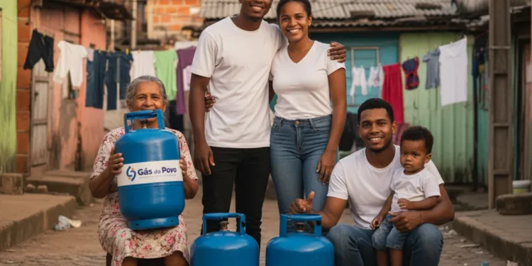 Família sorrindo com botijões azuis do programa Gás do Povo em comunidade