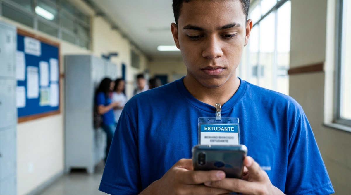 Jovem estudante de camiseta azul com crachá consulta celular em corredor de escola com outros alunos ao fundo