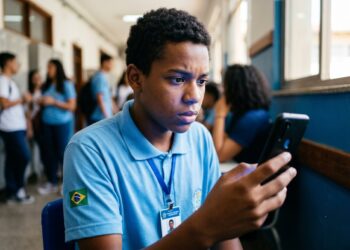 Jovem estudante negro com uniforme azul e bandeira do Brasil verifica celular em corredor escolar com expressão preocupada