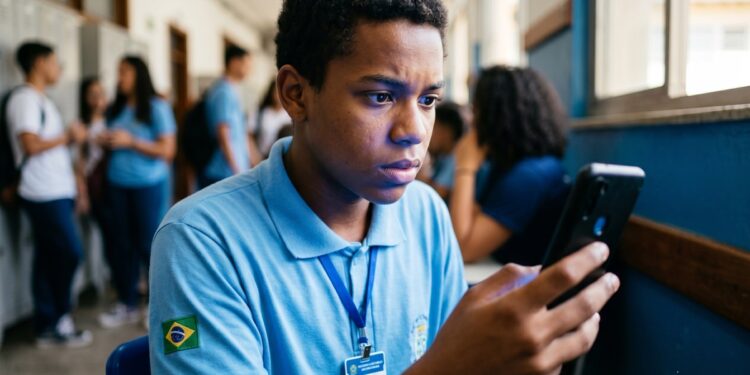 Jovem estudante negro com uniforme azul e bandeira do Brasil verifica celular em corredor escolar com expressão preocupada